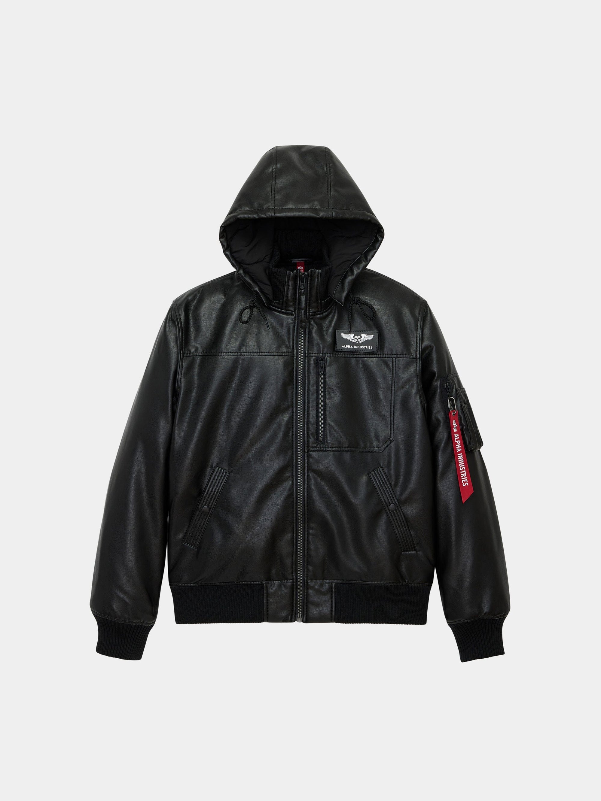 ALPHA INDUSTRIES FAUX LEATHER HOODED RIB FLIGHT JACKET