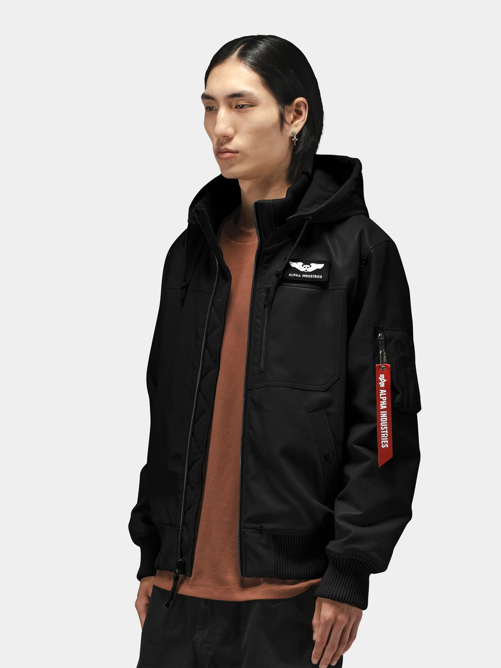 ALPHA INDUSTRIES FAUX LEATHER HOODED RIB FLIGHT JACKET