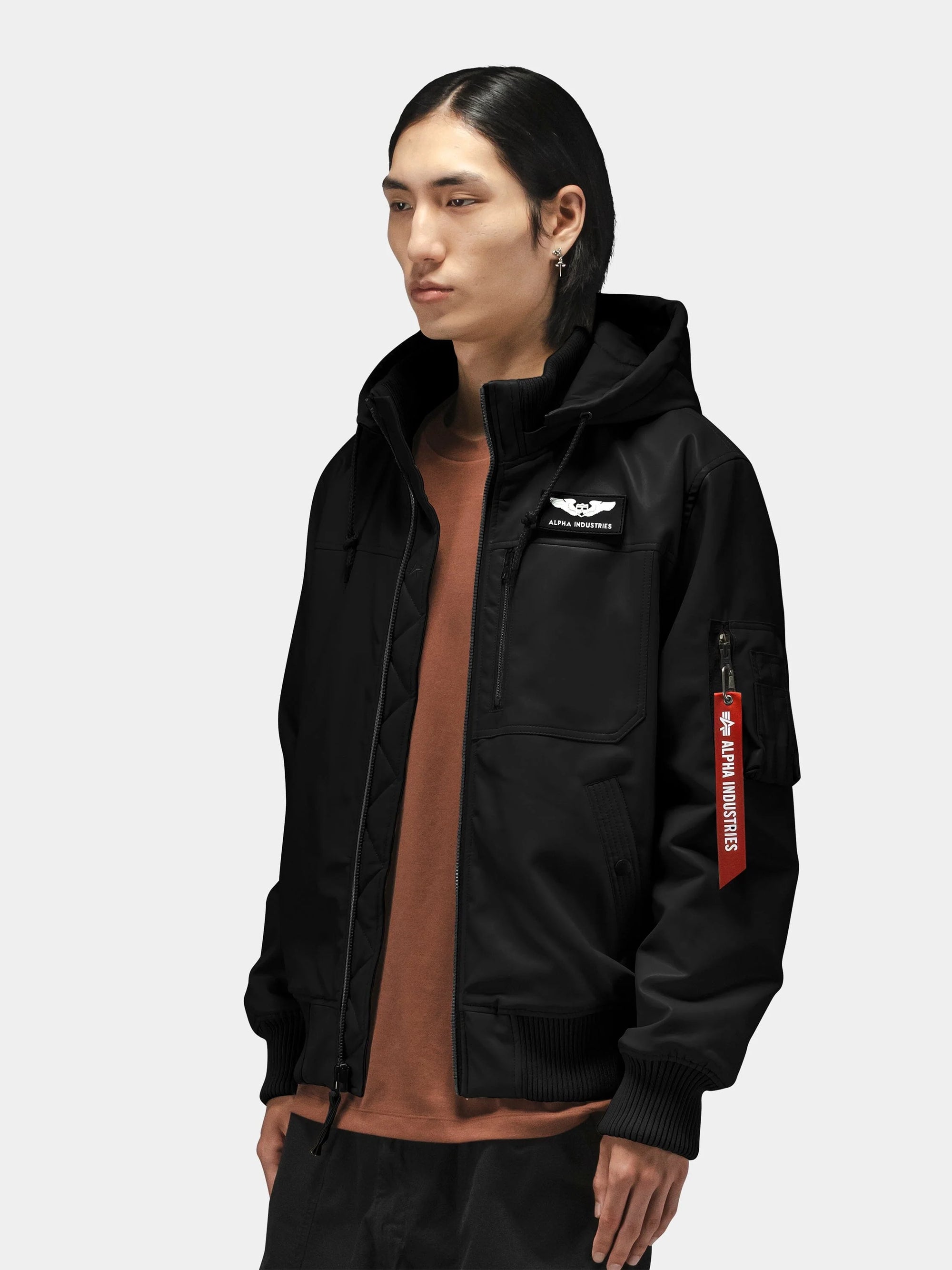 ALPHA INDUSTRIES FAUX LEATHER HOODED RIB FLIGHT JACKET
