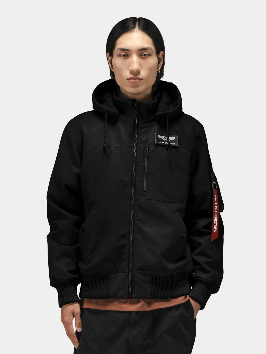 ALPHA INDUSTRIES FAUX LEATHER HOODED RIB FLIGHT JACKET