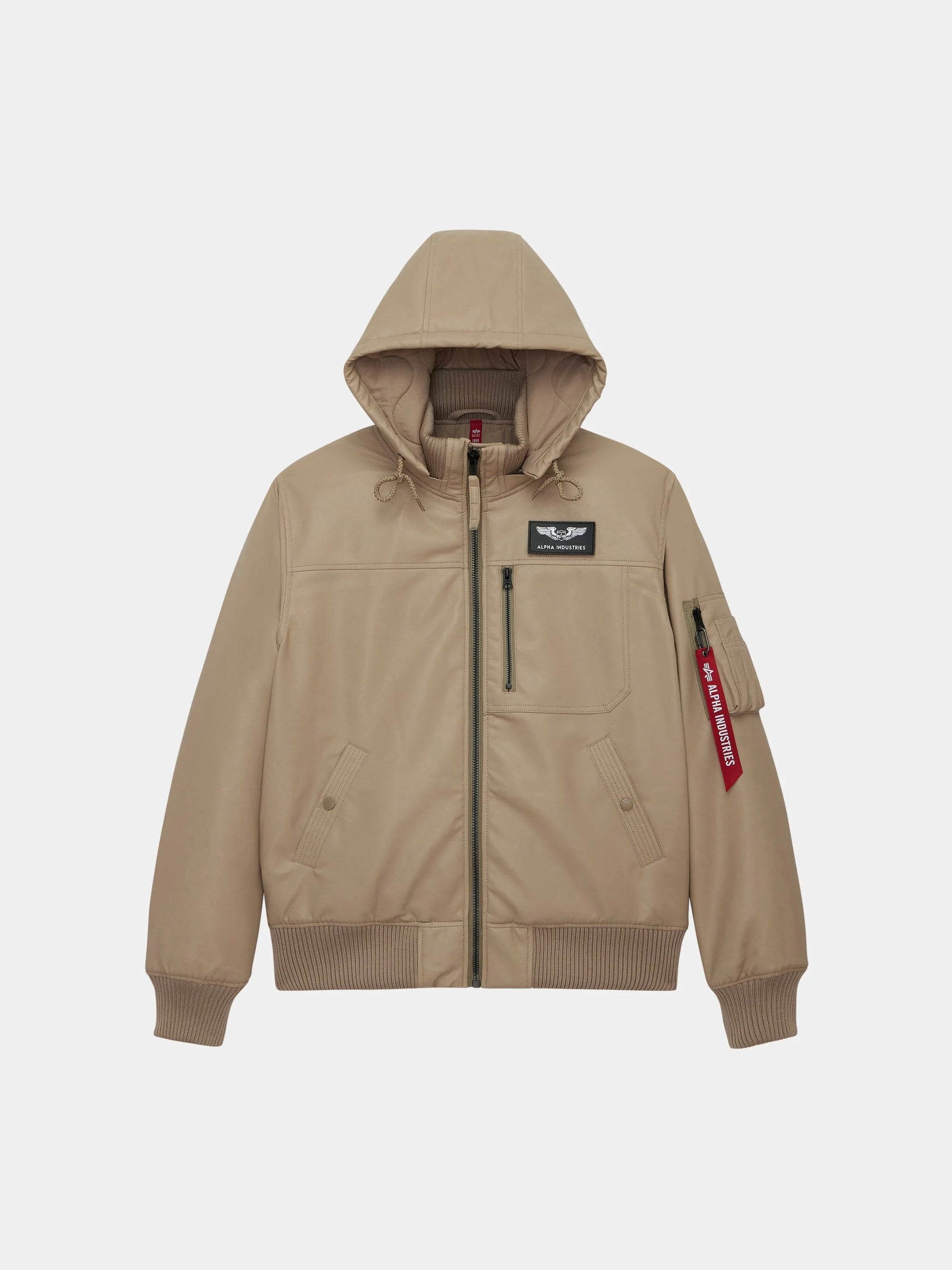 ALPHA INDUSTRIES FAUX LEATHER HOODED RIB FLIGHT JACKET