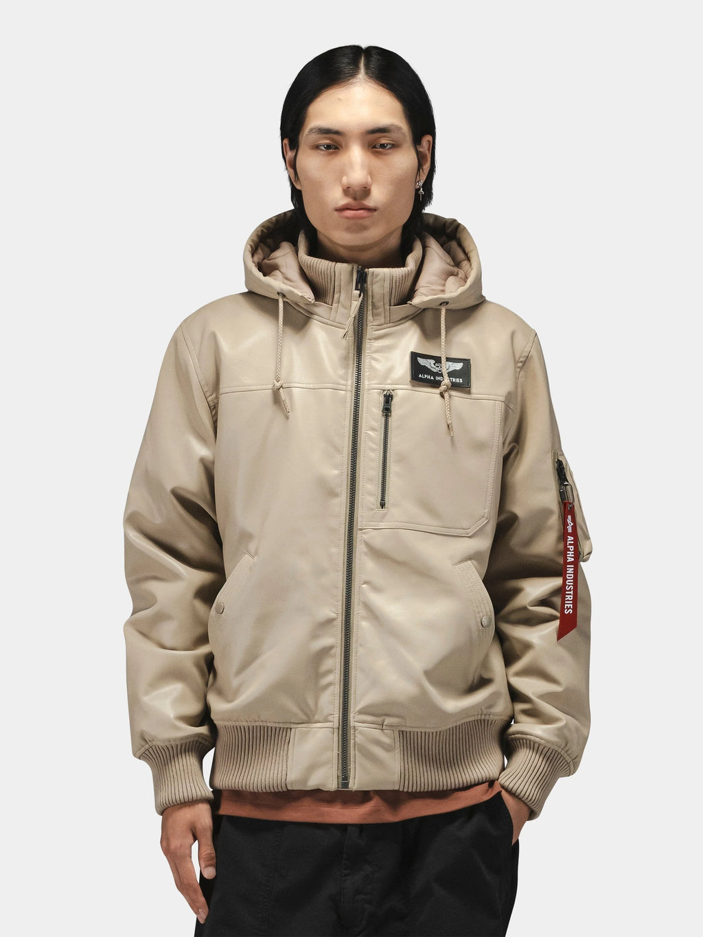 ALPHA INDUSTRIES FAUX LEATHER HOODED RIB FLIGHT JACKET