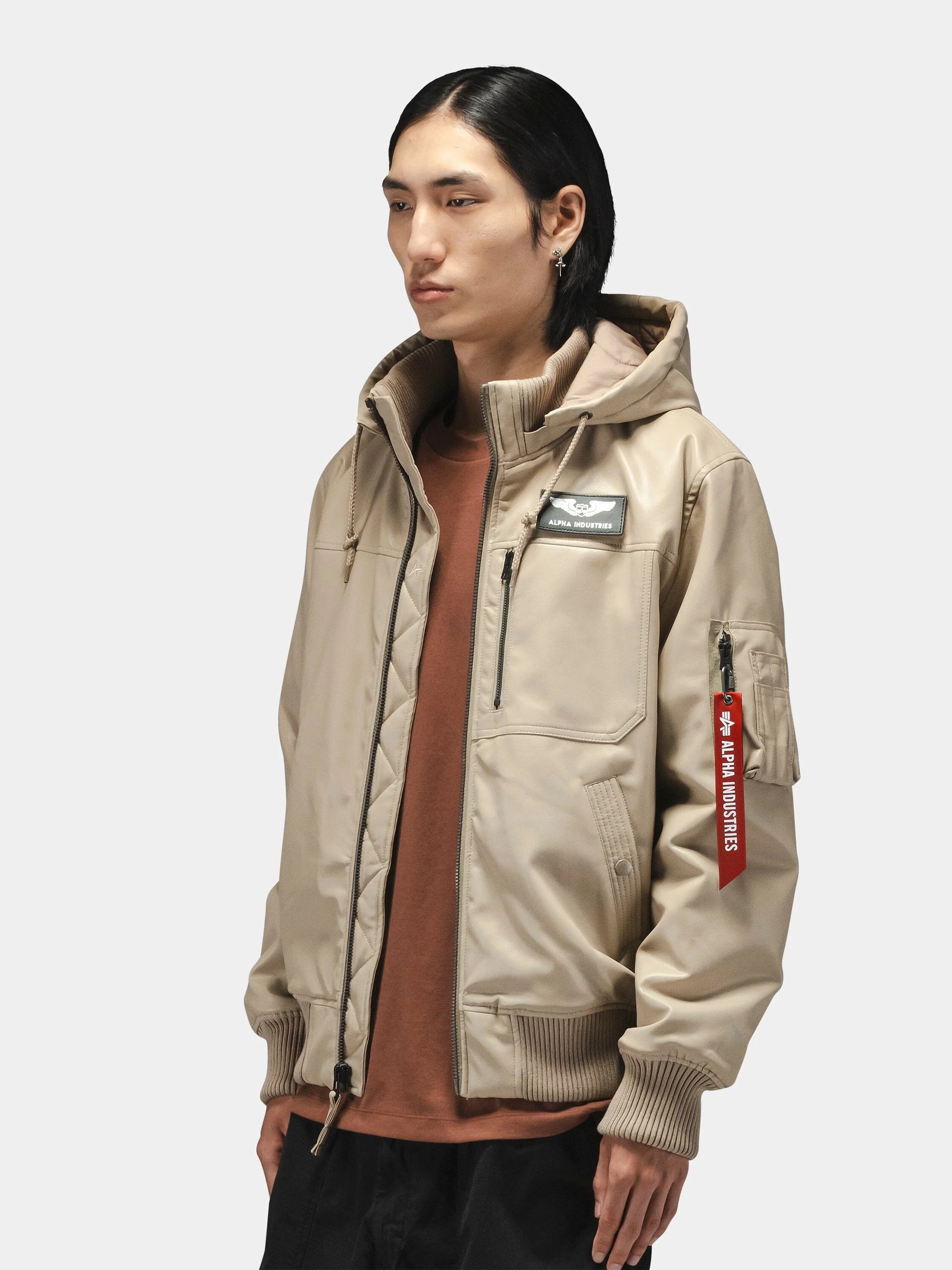 ALPHA INDUSTRIES FAUX LEATHER HOODED RIB FLIGHT JACKET