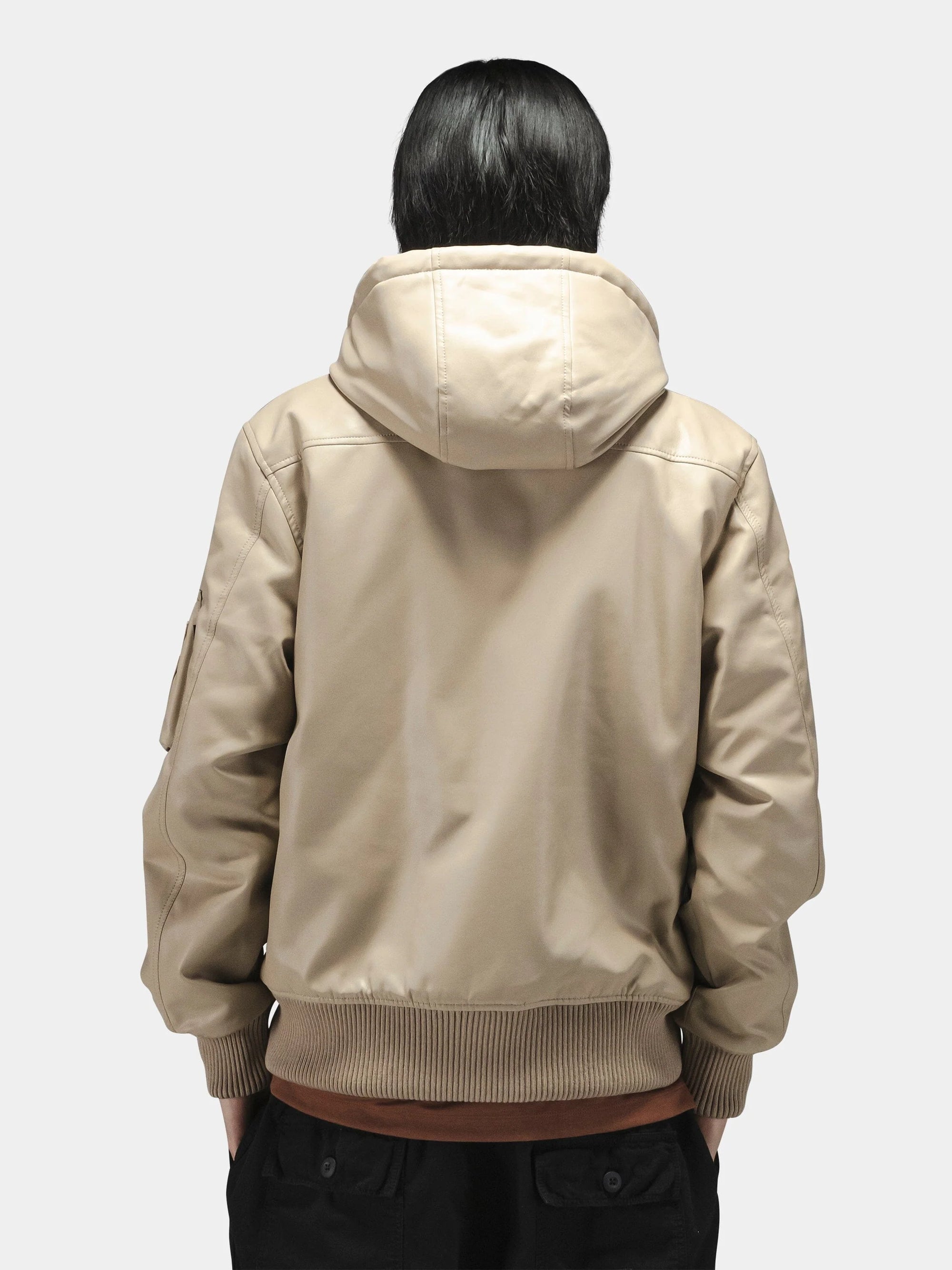 ALPHA INDUSTRIES FAUX LEATHER HOODED RIB FLIGHT JACKET